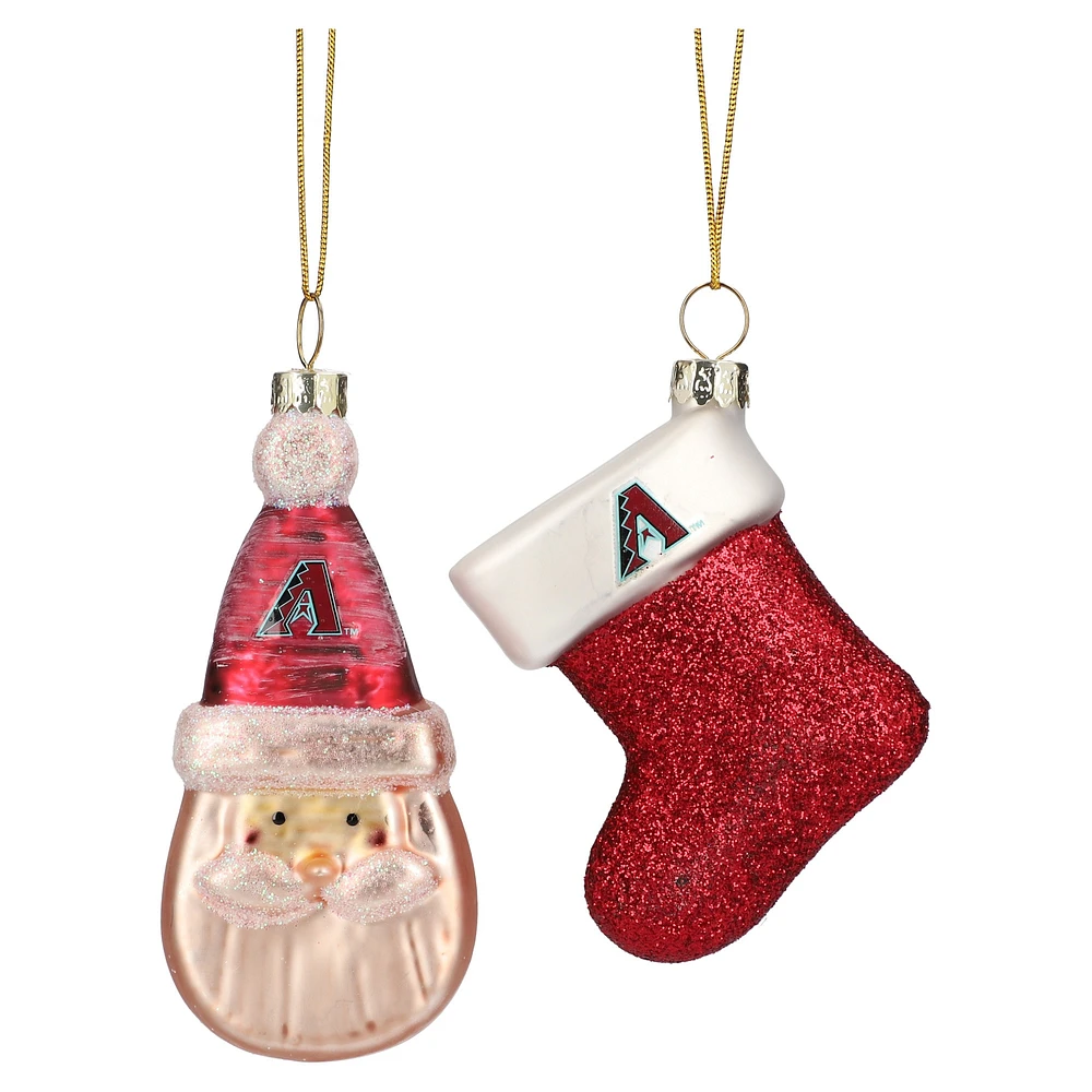 Ensemble de deux décorations en verre soufflé représentant le Père Noël et un bas de Noël des Diamondbacks de l'Arizona