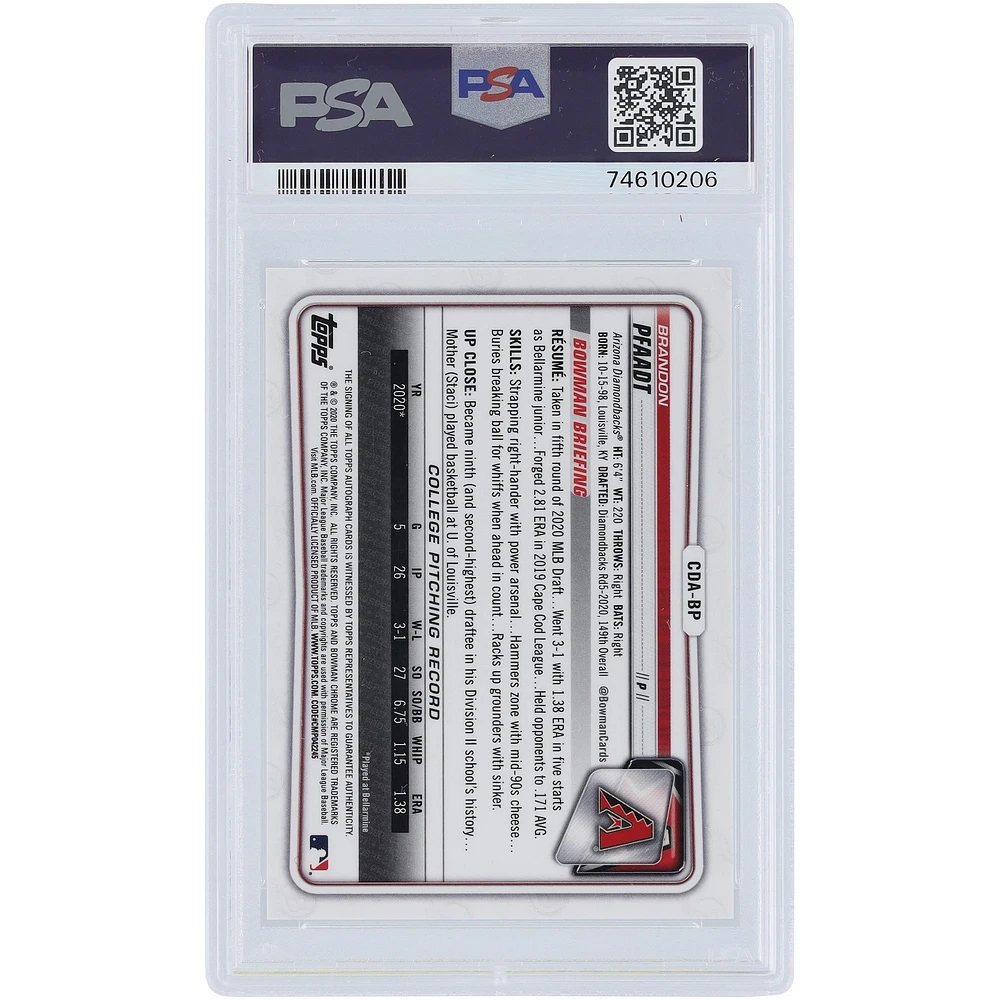 Brandon Pfaadt Arizona Diamondbacks Autographed 2020 Bowman Chrome 1st Bowman Green Refractor #CDA-BP #50/99 PSA Authenticated 9 Card