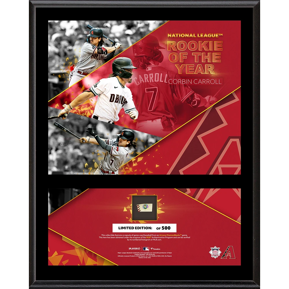 Corbin Carroll Arizona Diamondbacks 2023 National League Rookie of the Year 12" x 15" Sublimated Plaque with a Piece of Game-Used Baseball - Limited Edition of 500