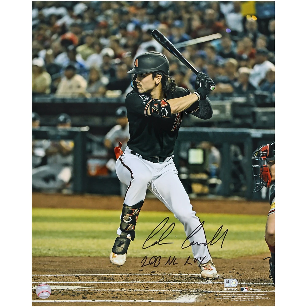 Corbin Carroll Arizona Diamondbacks Autographed 2023 National League Rookie of the Year 16" x 20" Black Jersey Hitting Photograph with "2023 NL ROY" Inscription