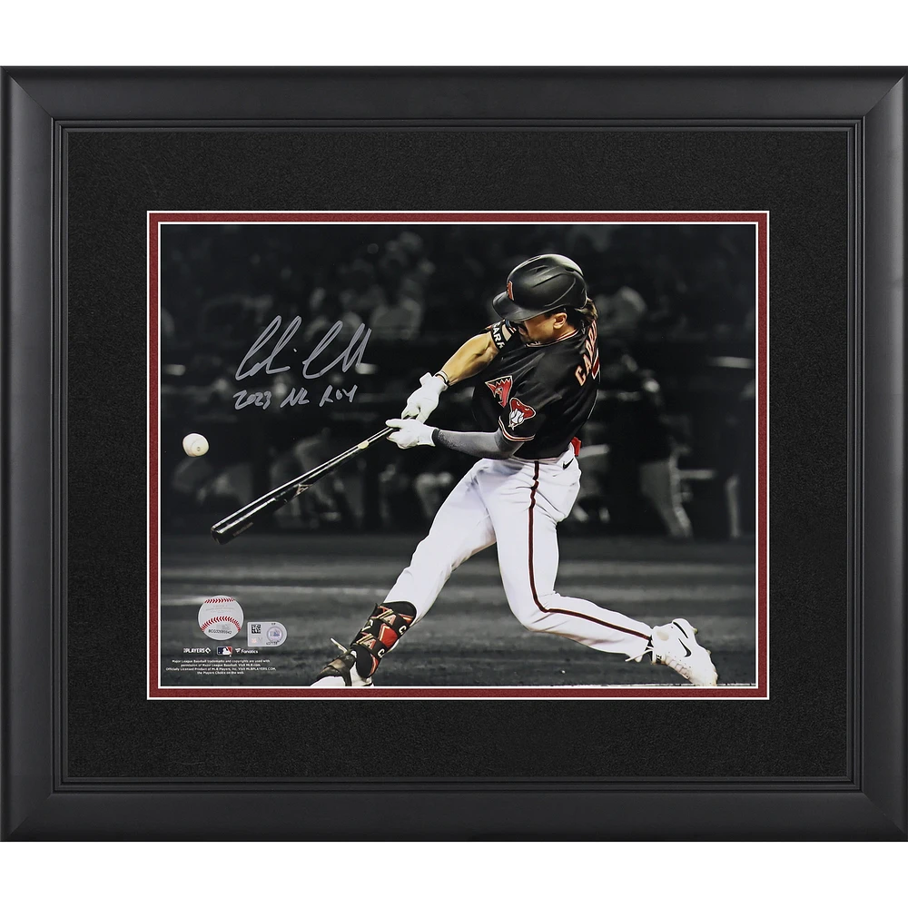 Corbin Carroll, Arizona Diamondbacks, photo encadrée autographiée de 11 x 35 cm, représentant un frappeur vedette, avec l'inscription « 2023 NL ROY »