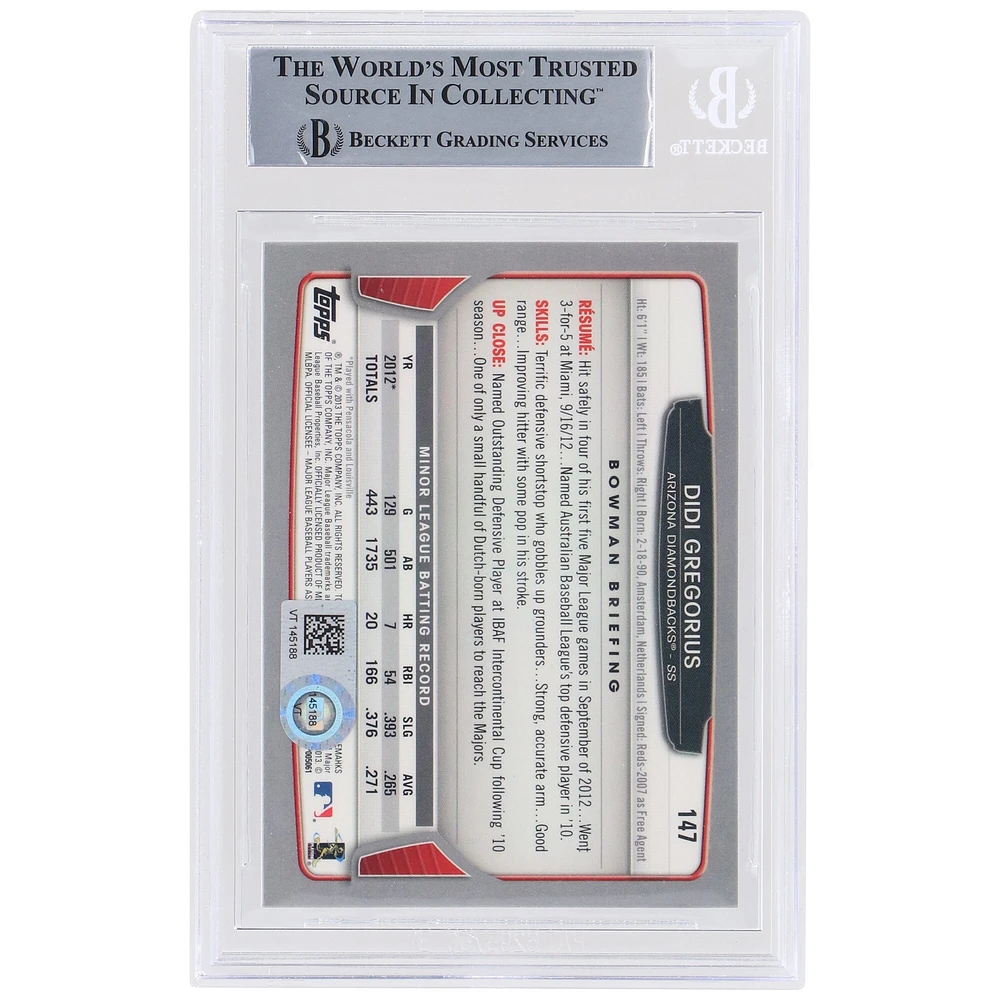 Carte de recrue autographiée 2013 Bowman Chrome #147 Beckett par Didi Gregorius des Diamondbacks de l'Arizona avec l'inscription « The Knight » et les fanatiques de Beckett ont été témoins