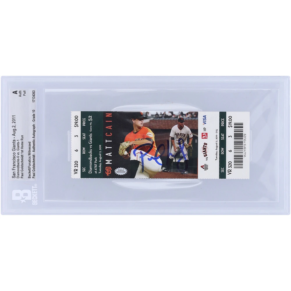 Paul Goldschmidt Arizona Diamondbacks Autographed Beckett Fanatics Witnessed Authenticated Auto 10 Ticket from August 2, 2011 - 1st Career Home Run