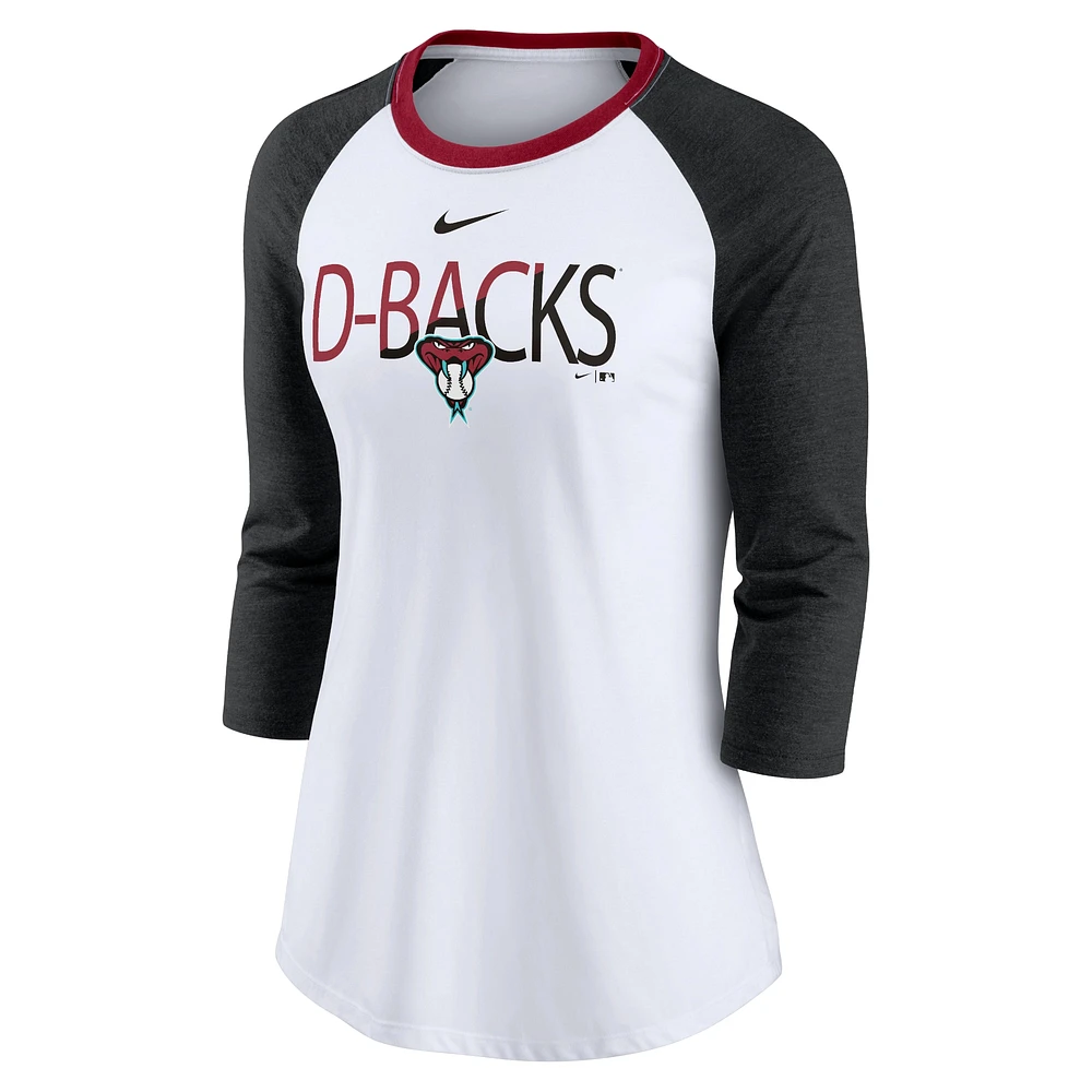 T-shirt raglan à manches 3/4 Nike pour femmes, blanc/noir chiné, Arizona Diamondbacks Color Split Tri-Blend