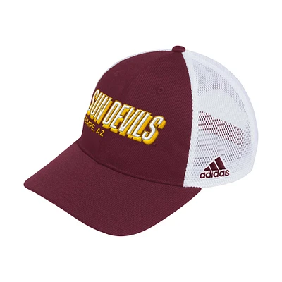 Casquette réglable de camionneur souple avec lettre bloc pour hommes de l'Arizona State Sun Devils adidas marron