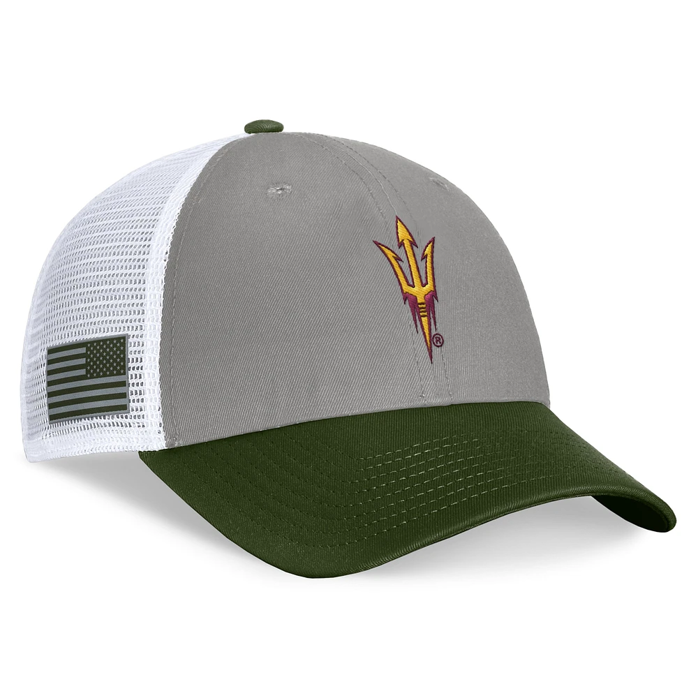 Men's Top of the World Gray/Green Arizona State Sun Devils OHT Military Appreciation Badge Trucker Adjustable Hat