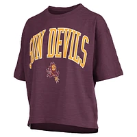 T-shirt surdimensionné flammé pour femme, coupe Pressbox, bordeaux, avec logo Nelson Arch Over, longueur à la taille, des Arizona State Sun Devils