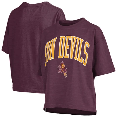 T-shirt surdimensionné flammé pour femme, coupe Pressbox, bordeaux, avec logo Nelson Arch Over, longueur à la taille, des Arizona State Sun Devils