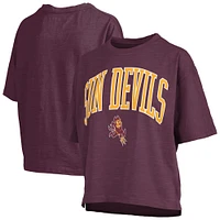 T-shirt surdimensionné flammé pour femme, coupe Pressbox, bordeaux, avec logo Nelson Arch Over, longueur à la taille, des Arizona State Sun Devils