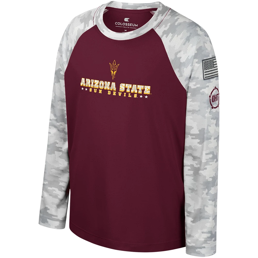 T-shirt à manches longues Raglan pour jeunes Colosseum Maroon/Camo Arizona State Sun Devils OHT Appréciation militaire Dark Star