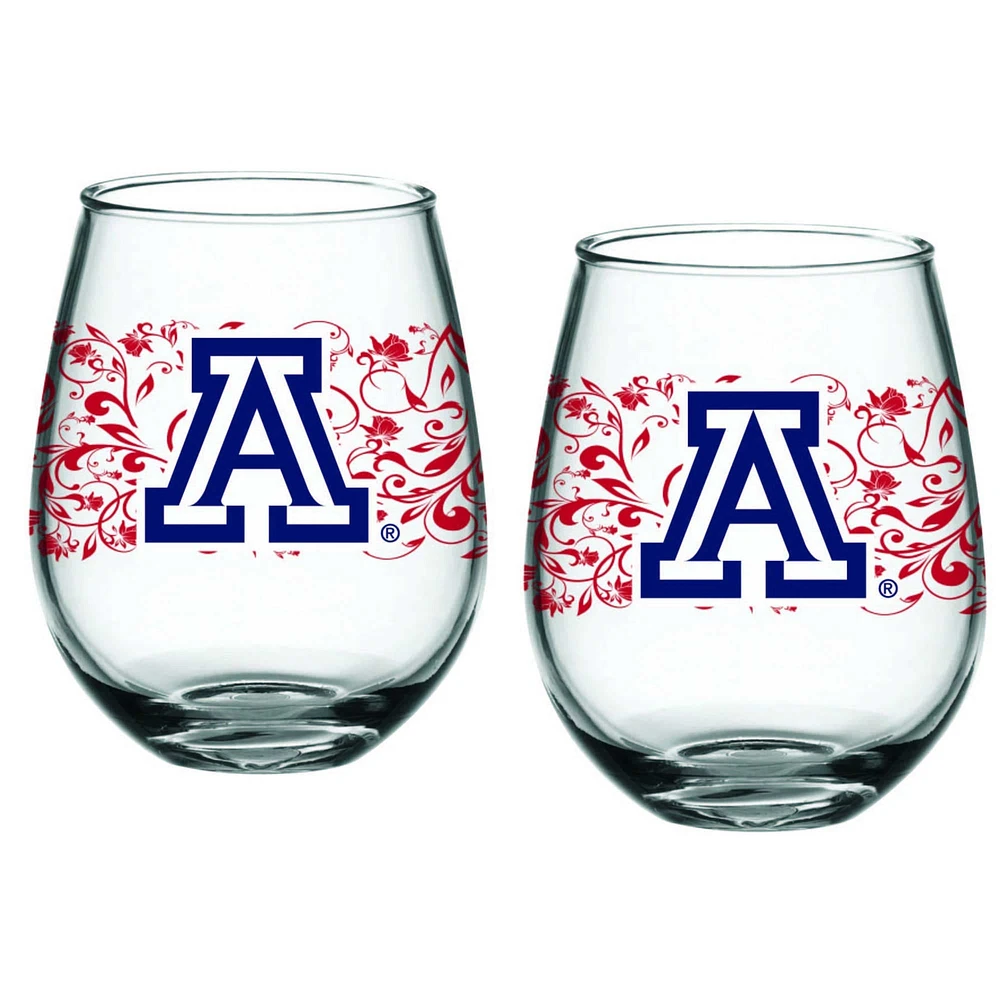 Arizona Wildcats Two-Pack 15oz. Floral Stemless Glass Set