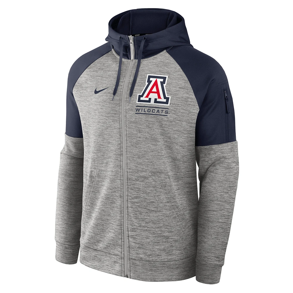 Sweat à capuche Nike Arizona Wildcats Fitness Performance fermeture éclair intégrale pour homme, gris chiné