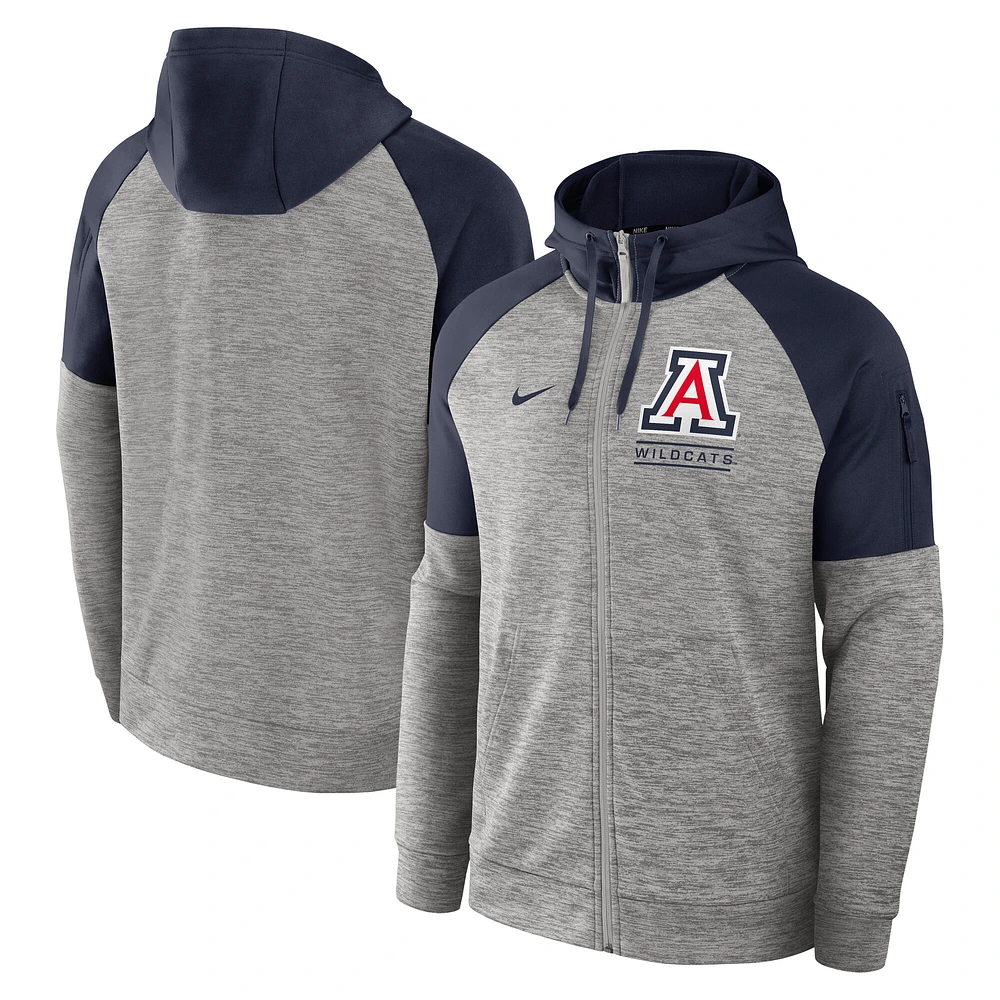 Sweat à capuche Nike Arizona Wildcats Fitness Performance fermeture éclair intégrale pour homme, gris chiné