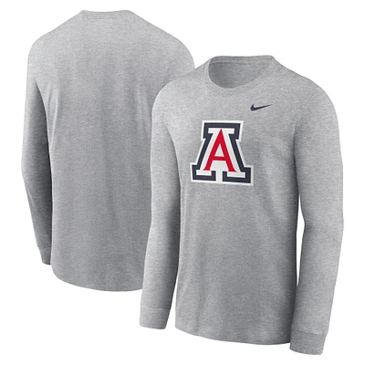 T-shirt à manches longues avec logo principal Nike pour hommes, gris chiné, Arizona Wildcats