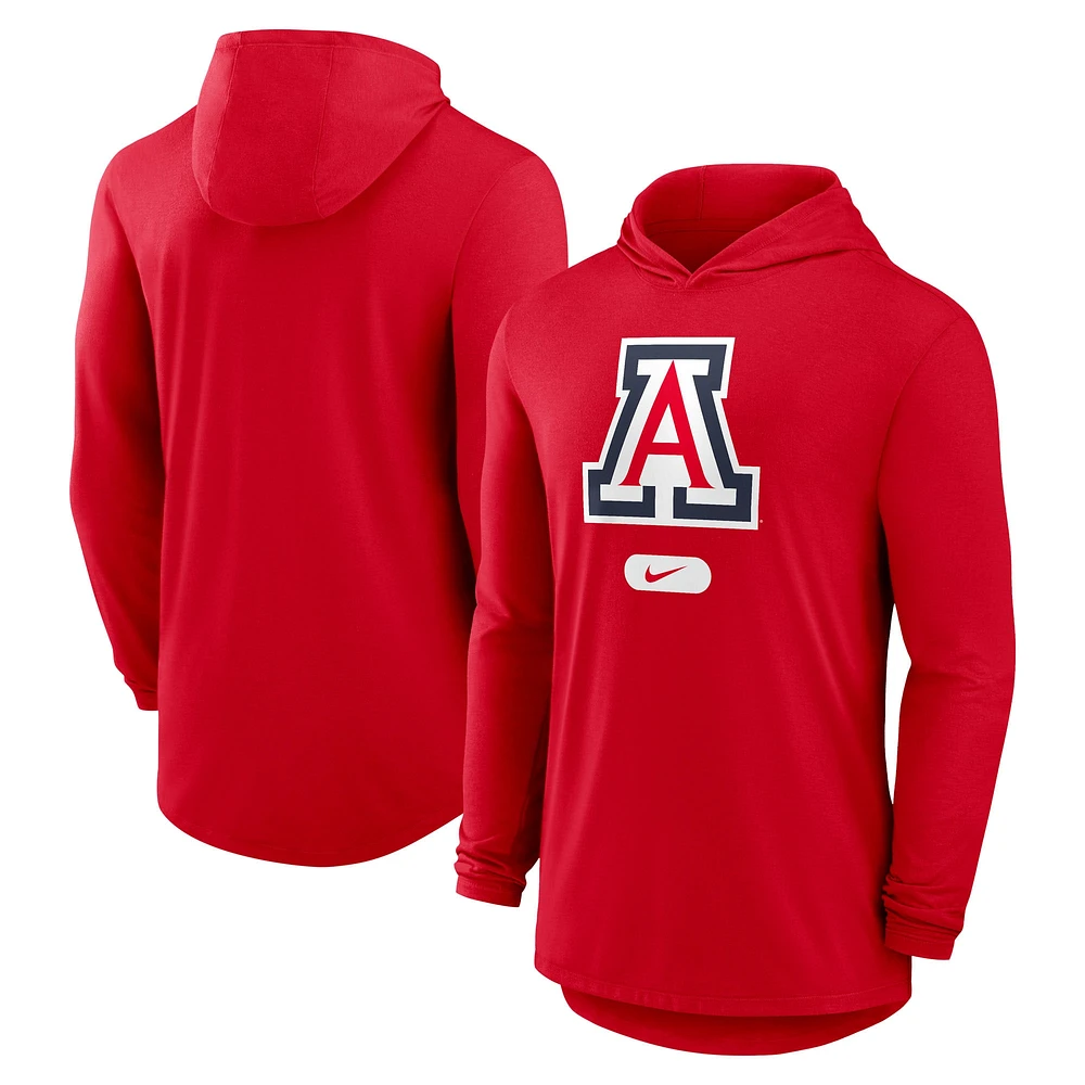 T-shirt à capuche manches longues Nike Primetime Tri-Blend Performance pour homme, rouge, Arizona Wildcats
