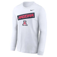T-shirt Nike blanc à manches longues pour homme, motif classique des Wildcats de l'Arizona, avec deux coups sûrs