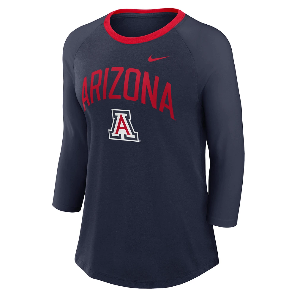Haut à manches 3/4 raglan Tri-Blend Nike bleu marine Arizona Wildcats pour femme