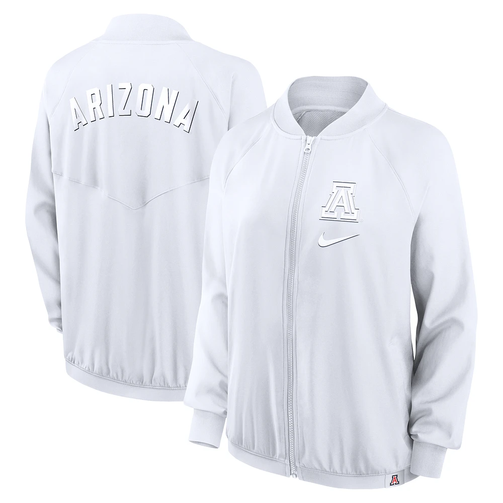 Veste aviateur entièrement zippée Nike blanche Arizona Wildcats Raglan pour femme