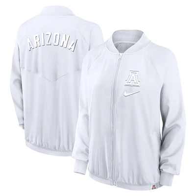 Veste aviateur entièrement zippée Nike blanche Arizona Wildcats Raglan pour femme