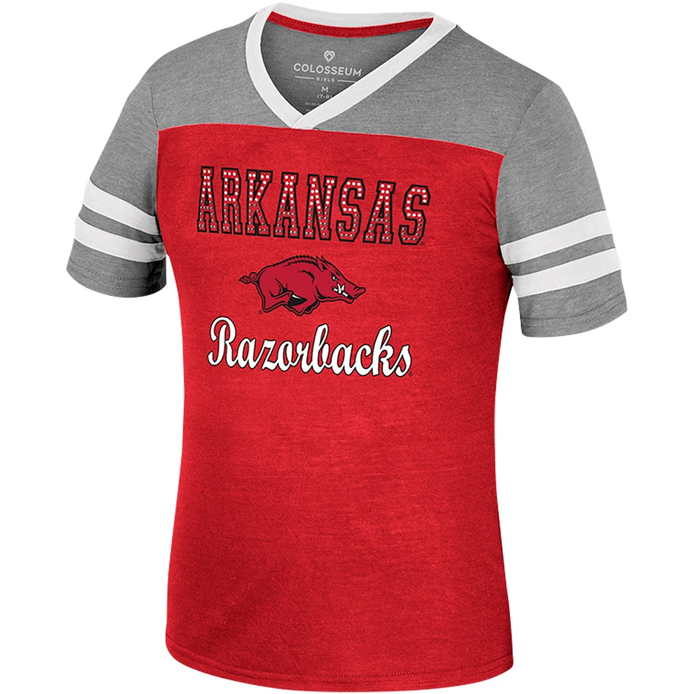 T-shirt d'été rayé à col en V pour filles Colosseum Cardinal/Heather Grey Arkansas Razorbacks