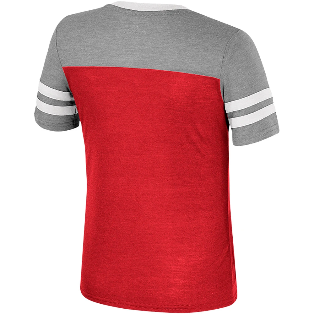 T-shirt d'été rayé à col en V pour filles Colosseum Cardinal/Heather Grey Arkansas Razorbacks