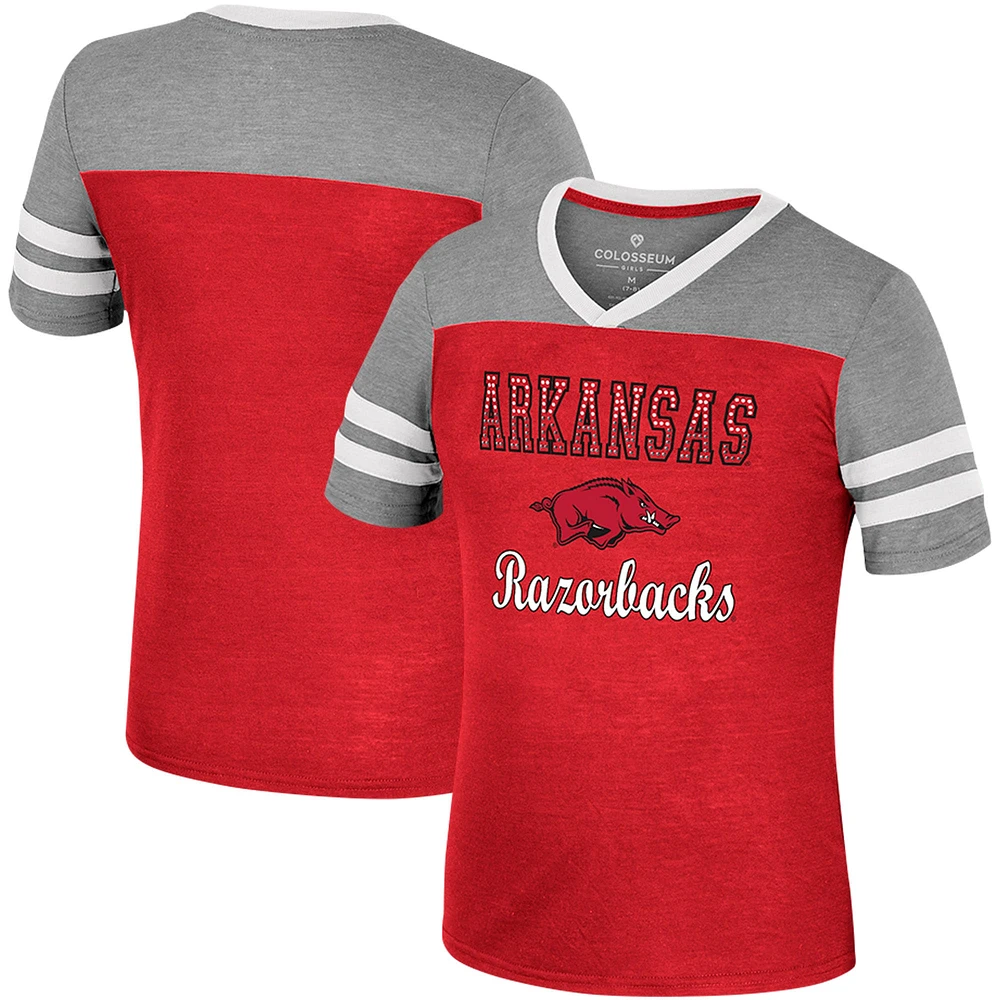 T-shirt d'été rayé à col en V pour filles Colosseum Cardinal/Heather Grey Arkansas Razorbacks