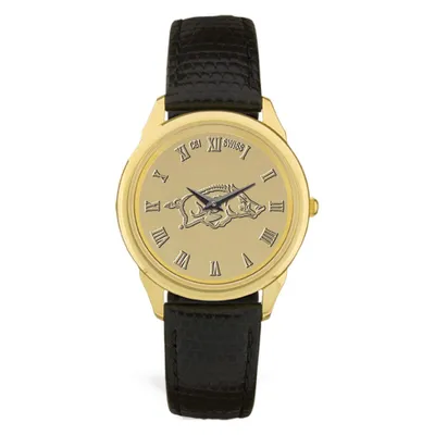 Arkansas Razorbacks Personalized Medallion Black Leather Wristwatch - Gold