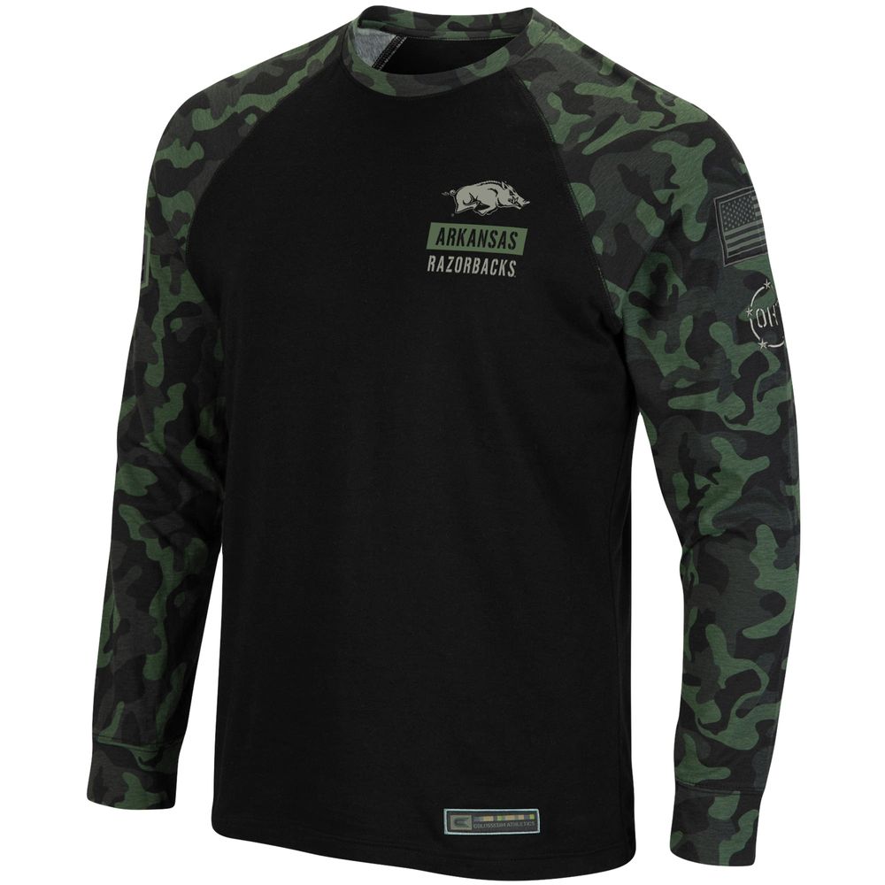 Men's Colosseum Black Arkansas Razorbacks OHT Military Appreciation Camo Raglan Long Sleeve T-Shirt