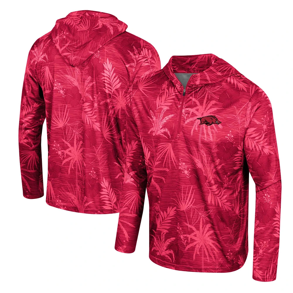 Men's Colosseum Cardinal Arkansas Razorbacks Palms Printed Lightweight Quarter-Zip Hooded Top