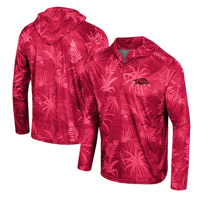 Men's Colosseum Cardinal Arkansas Razorbacks Palms Printed Lightweight Quarter-Zip Hooded Top