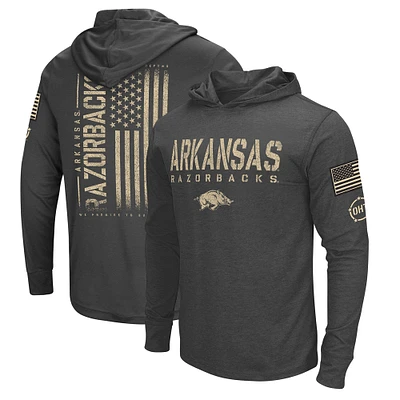 T-shirt à capuche manches longues pour hommes Colosseum Heather Black Arkansas Razorbacks Team OHT Military Appréciation