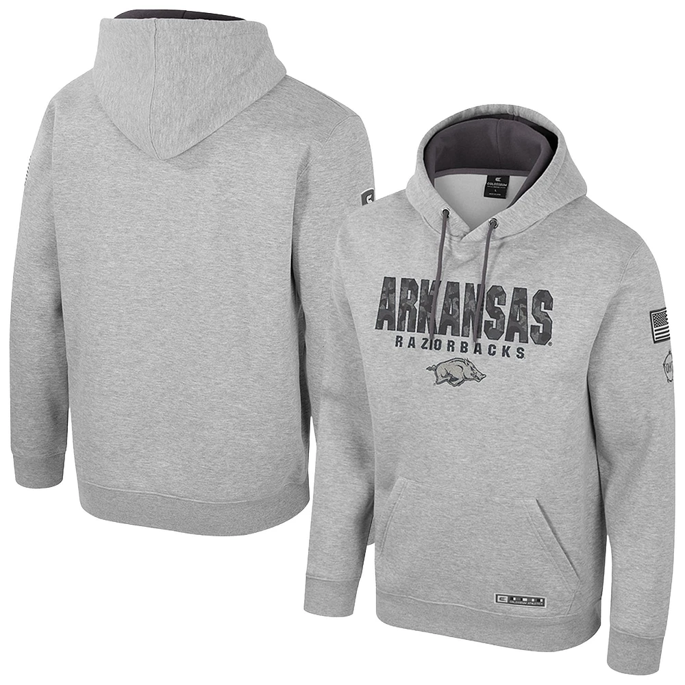 Sweat à capuche imprimé militaire Oorah OHT pour homme Colosseum Heather Grey Arkansas Razorbacks