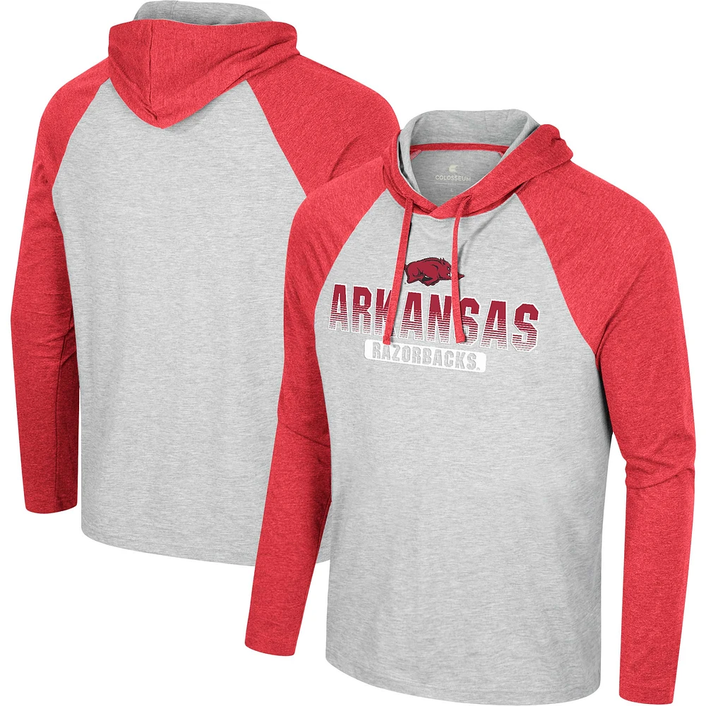 T-shirt à capuche manches longues Colosseum Heather Grey Arkansas Razorbacks Hasta La Vista Raglan pour hommes