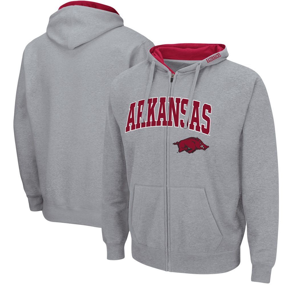 Men's Colosseum Heathered Gray Arkansas Razorbacks Arch & Logo 3.0 Full-Zip Hoodie