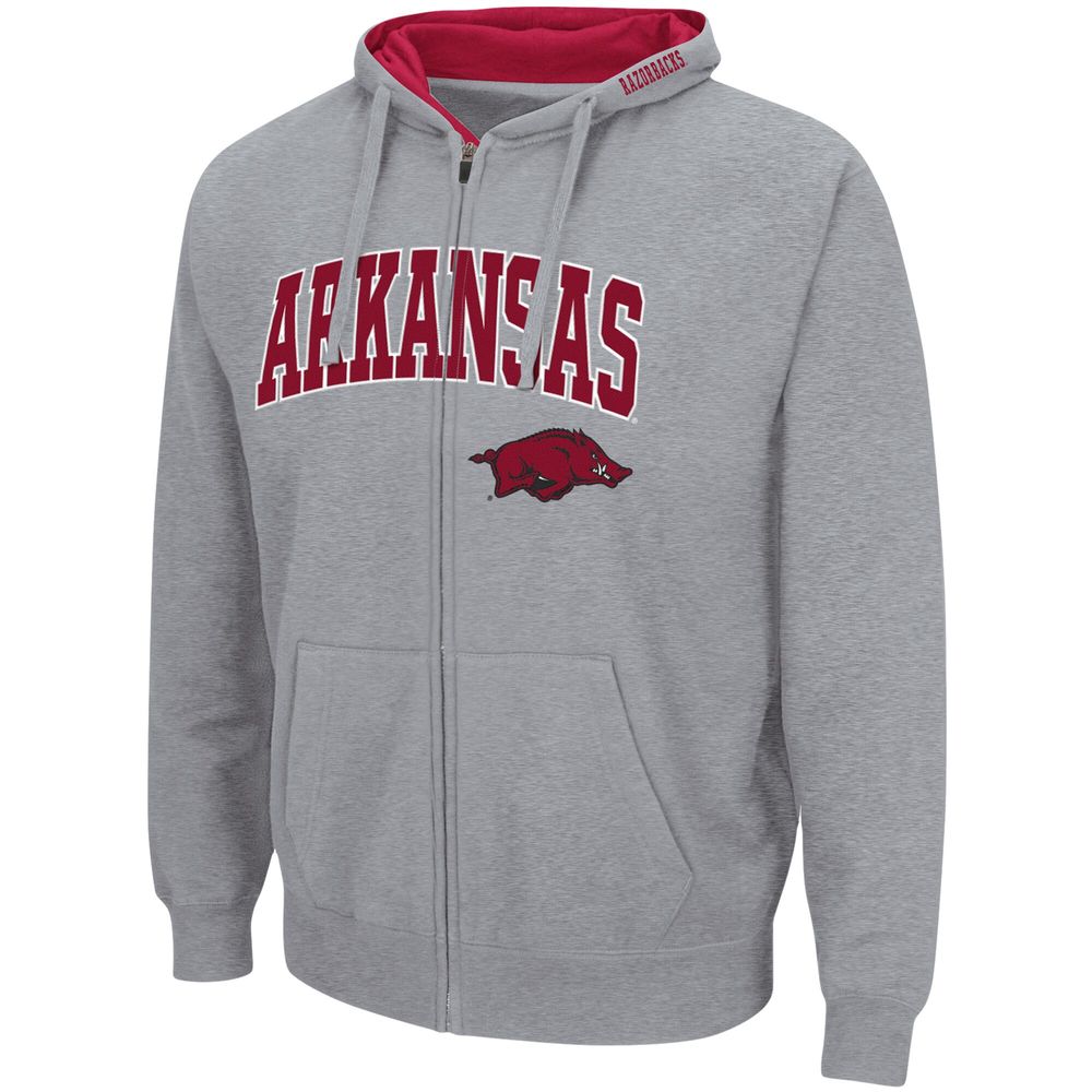 Men's Colosseum Heathered Gray Arkansas Razorbacks Arch & Logo 3.0 Full-Zip Hoodie