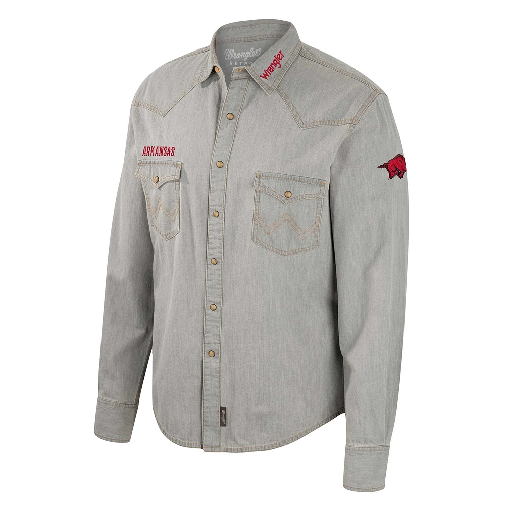 Chemise à manches longues Colosseum x Wrangler Grey Arkansas Razorbacks Cowboy Cut Western Full-Snap pour hommes