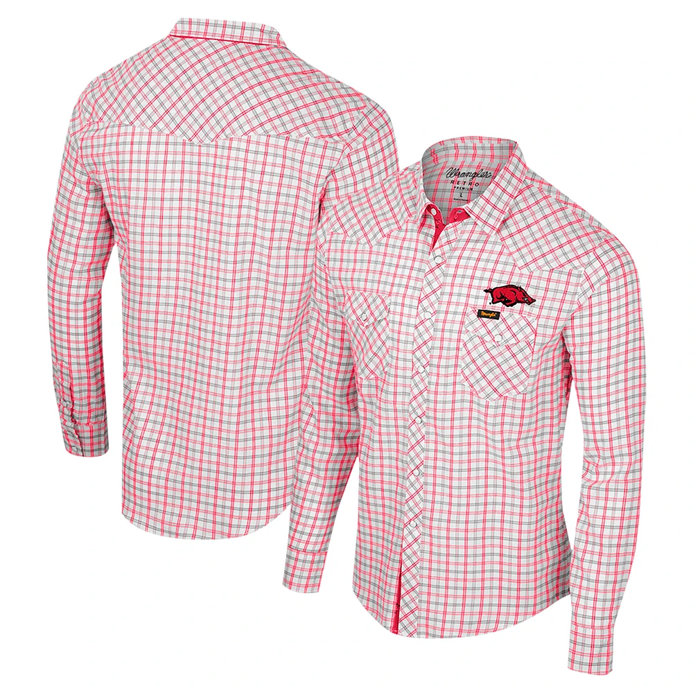 Men's Colosseum x Wrangler White Arkansas Razorbacks Plaid Window Pane Long Sleeve Full-Snap Shirt