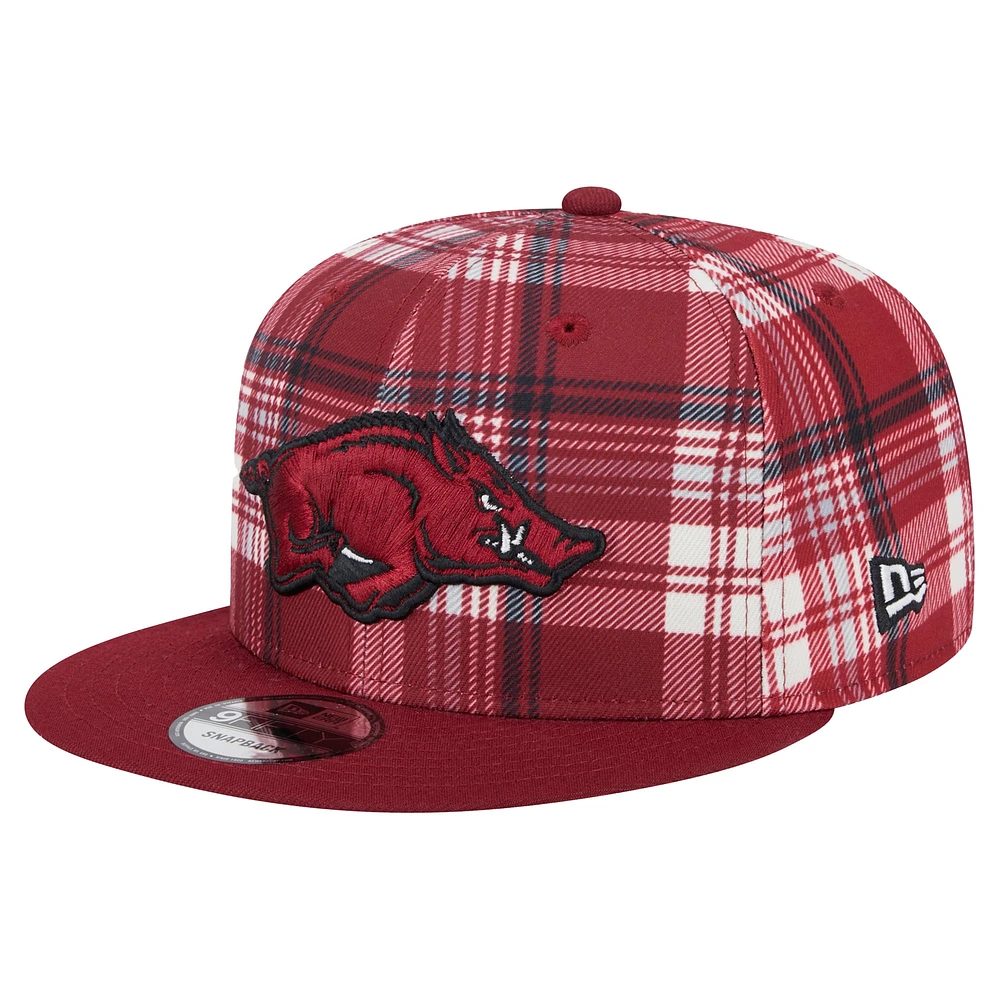 Men's New Era Cardinal Arkansas Razorbacks Plaid 9FIFTY Snapback Hat