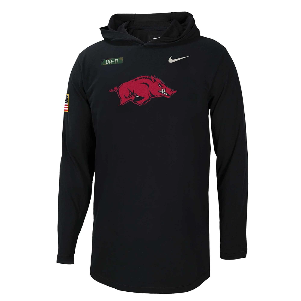 Men's Nike  Black Arkansas Razorbacks 2024 Military Appreciation Performance Long Sleeve Hoodie T-Shirt