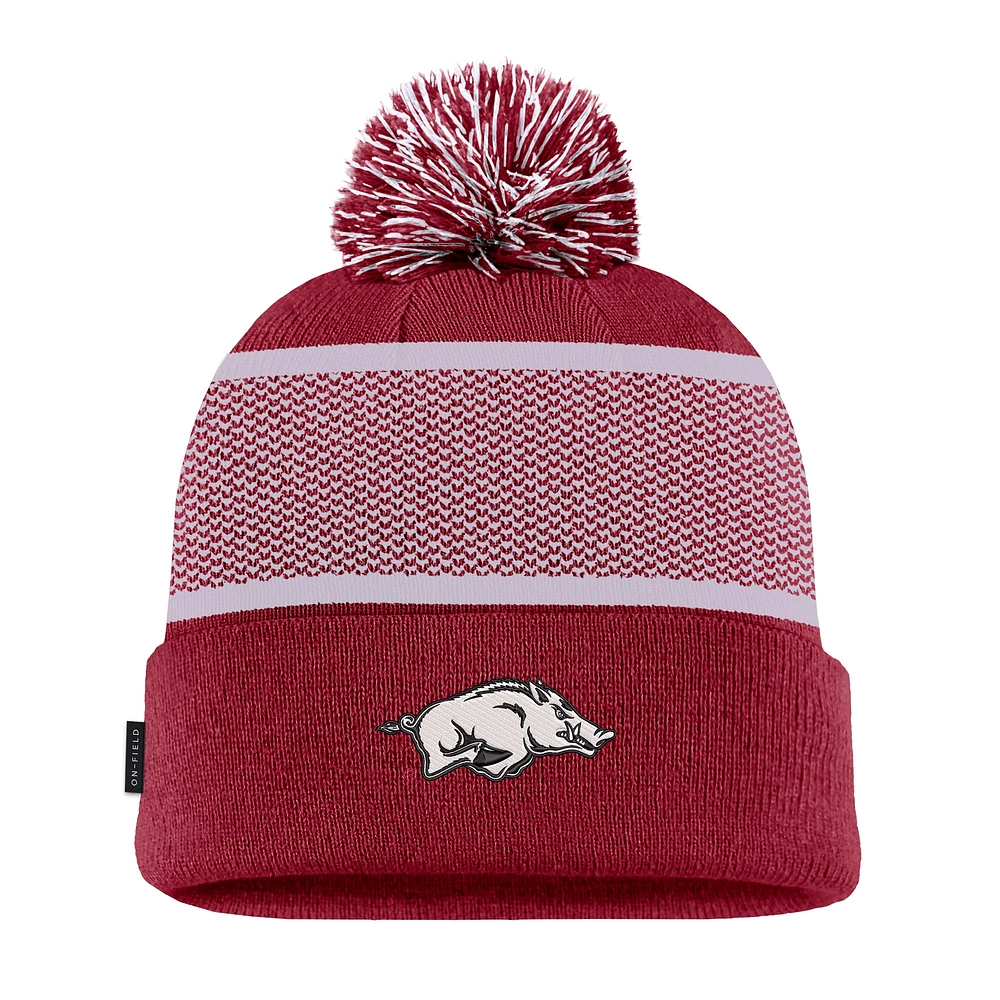 Men's Nike Cardinal Arkansas Razorbacks 2024 Sideline Peak Cuffed Knit Hat with Pom