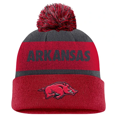 Men's Nike Charcoal/Cardinal Arkansas Razorbacks Peak Stripe Cuffed Knit Hat with Pom