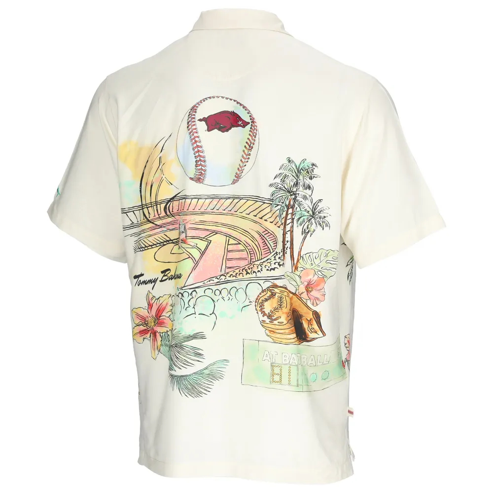 Men's Tommy Bahama Cream Arkansas Razorbacks Paradise Fly Ball Camp Button-Up Shirt