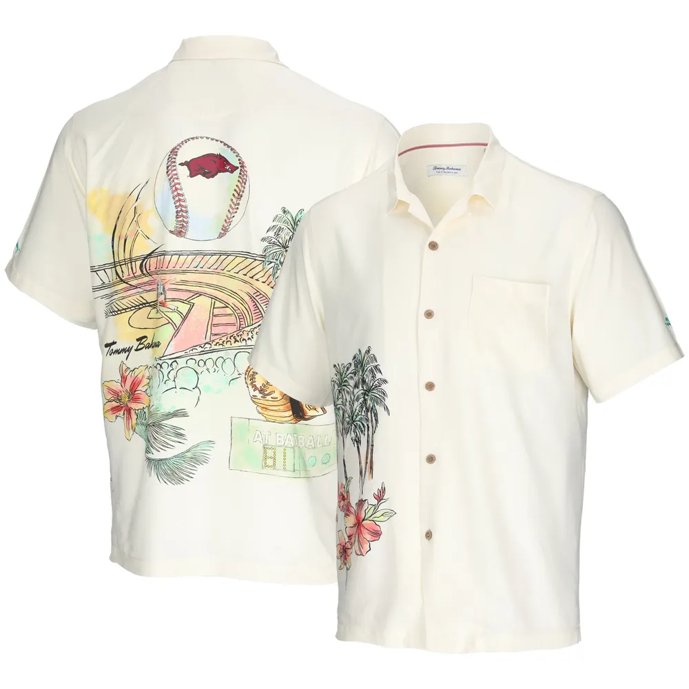 Men's Tommy Bahama Cream Arkansas Razorbacks Paradise Fly Ball Camp Button-Up Shirt