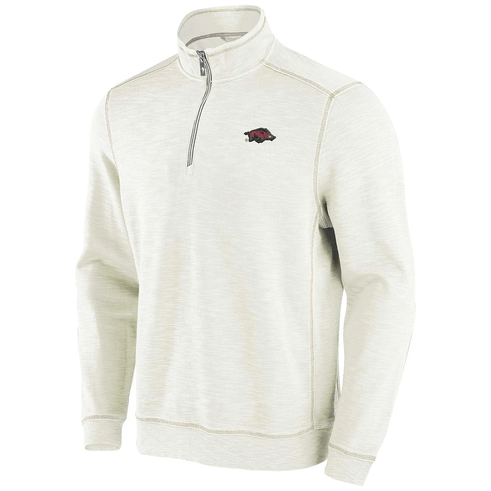 Men's Tommy Bahama Cream Arkansas Razorbacks Tobago Bay Half-Zip Tri-Blend Top