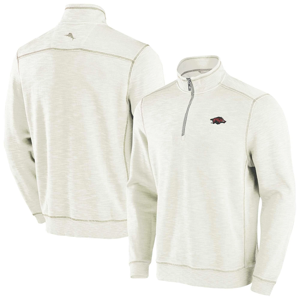 Men's Tommy Bahama Cream Arkansas Razorbacks Tobago Bay Half-Zip Tri-Blend Top