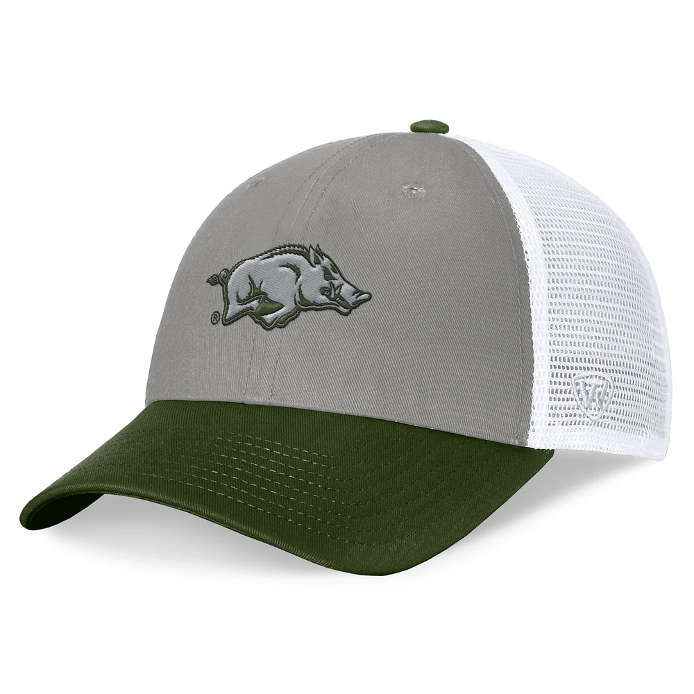 Top of the World pour hommes, gris/vert, Arkansas Razorbacks OHT, badge d'appréciation militaire, chapeau réglable de camionneur