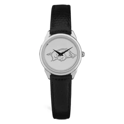Arkansas Razorbacks Women's Silver Medallion Black Leather Wristwatch