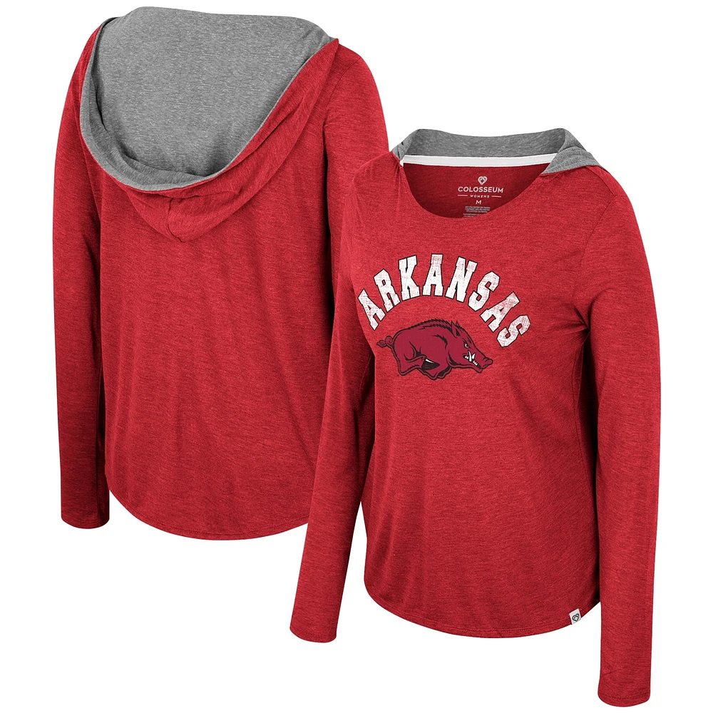 T-shirt à capuche manches longues pour femmes Colosseum Cardinal Arkansas Razorbacks Distressed Heather