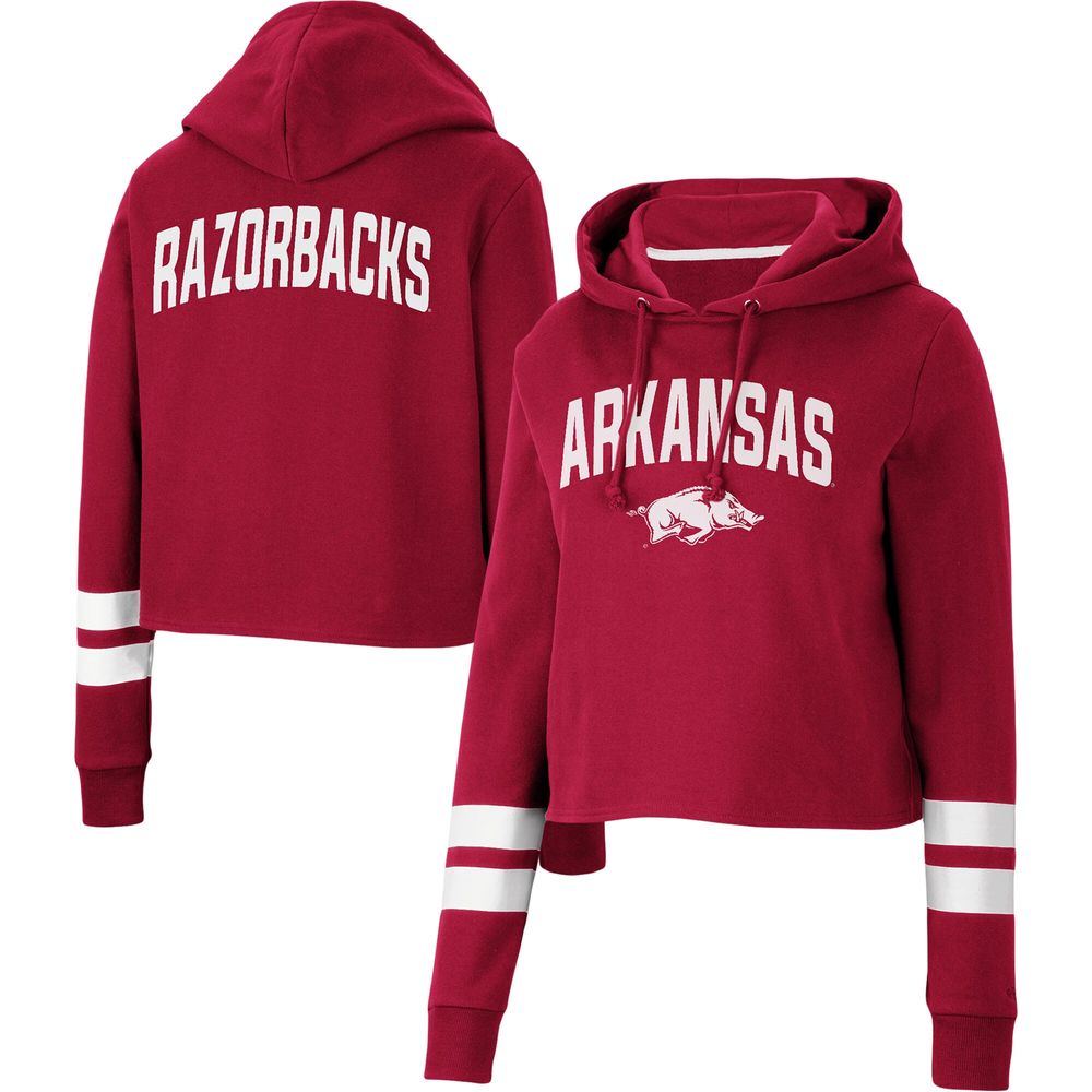 Women's Colosseum Cardinal Arkansas Razorbacks Throwback Stripe Cropped Pullover Hoodie