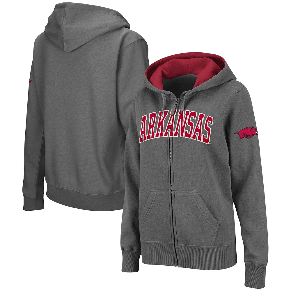 Sweat à capuche entièrement zippé pour femmes Colosseum Charcoal Arkansas Razorbacks Arched Name